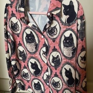 Cat Portrait Print Shirt - Pink and Black